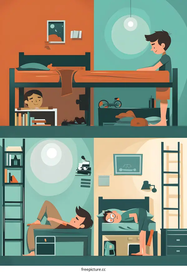 Four Different Situations Of Boys In Their Rooms