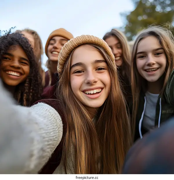 Group of Diverse Teenagers Taking a Selfie Outdoors