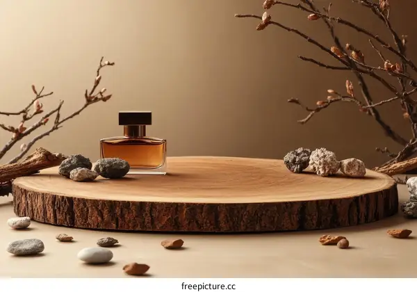Luxury Fragrance Display on Wooden Slice