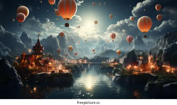 Fantasy Village with River and Hot Air Balloons