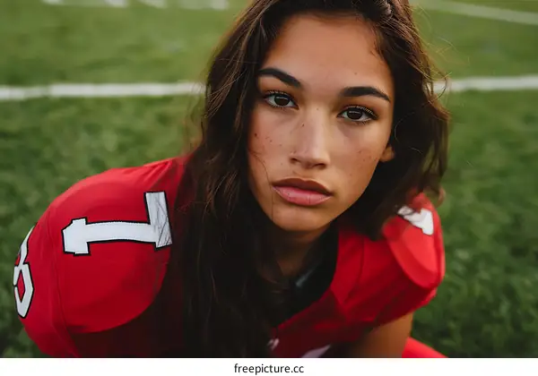 Portrait of a Young Woman in a Football Jersey