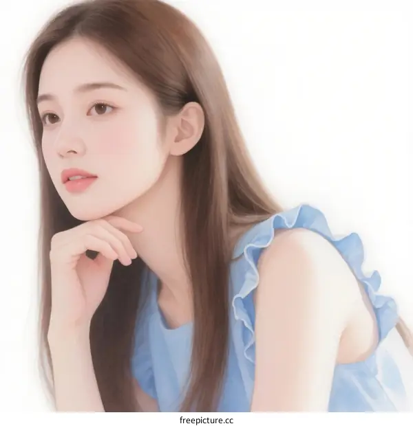 Portrait of young Asian woman with long brown hair in blue frilled dress