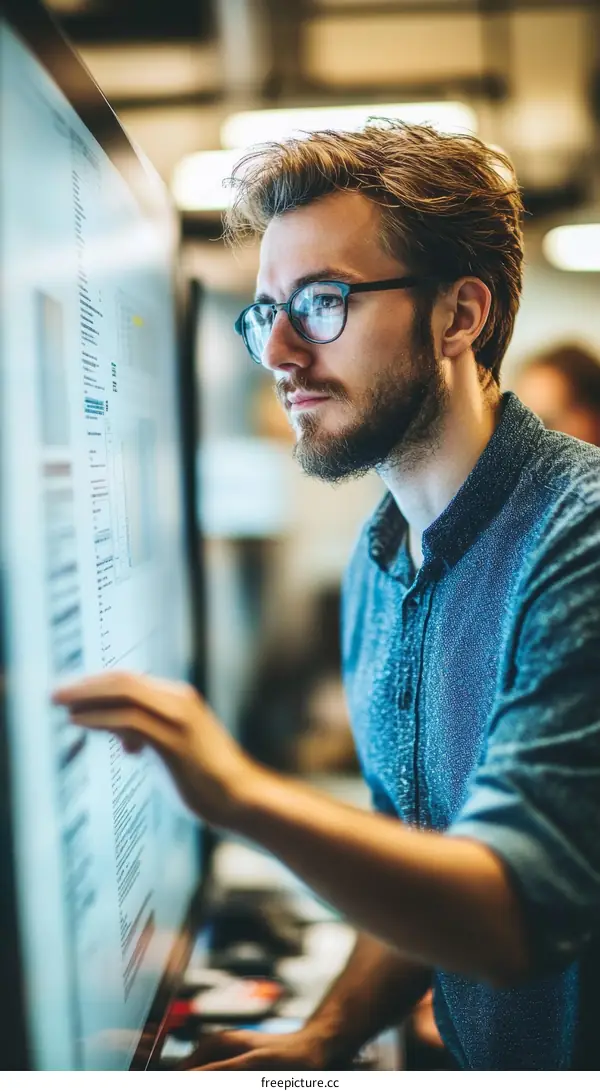 Focused Man Working on Large Display Screen