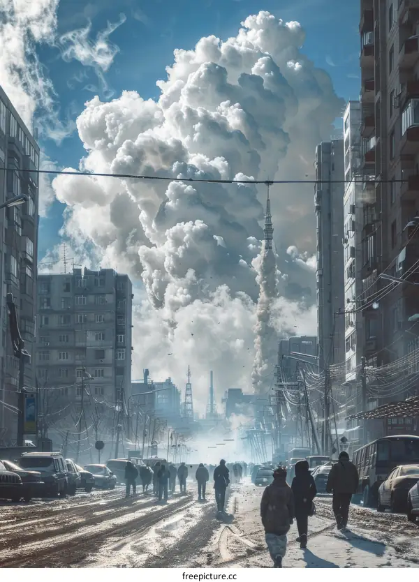 People walking in a snowy street with a large smoke cloud in the background