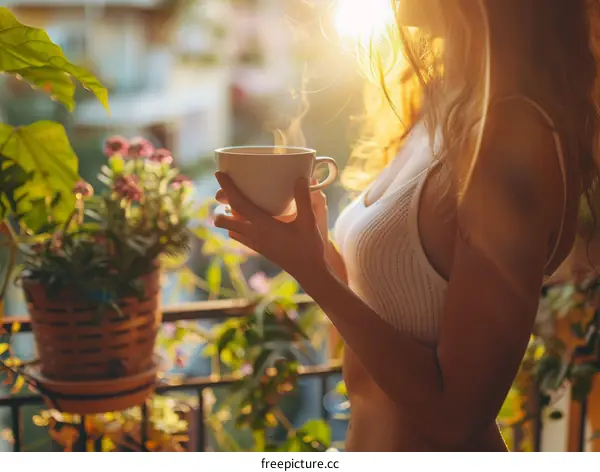 A woman enjoying a cup of coffee in the morning sunlight