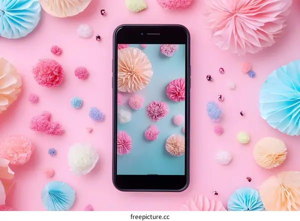 Pink and Blue Decorations Surrounding A Smartphone