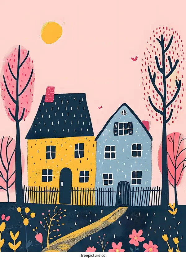 Colorful Houses with Sun and Pink Trees Illustration