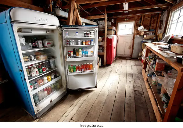 Vintage Refrigerator in a Rustic Shed Interior