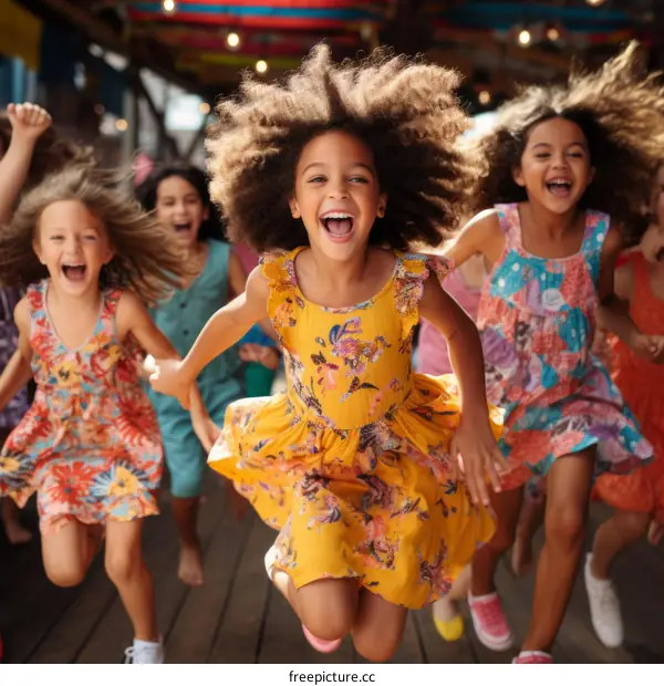 A group of joyful children are running and laughing together