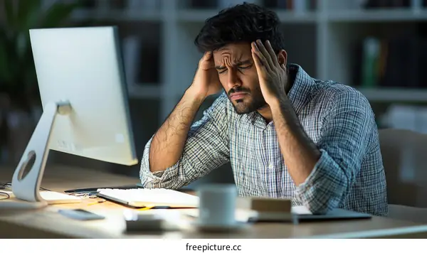 Overworked Man Suffering From Headache at Night