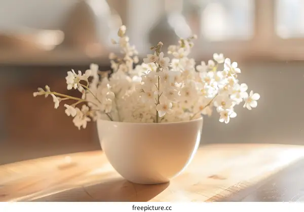 White Flowers in a White Bowl on a Wooden Table