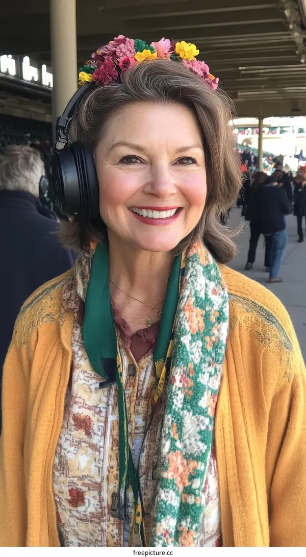 Woman with flower crown at horse racing event