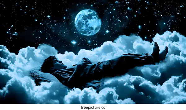 Man Sleeping on Clouds with Full Moon and Stars