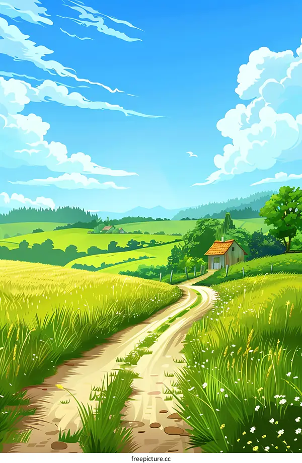 Countryside Landscape with Winding Road and Cottage
