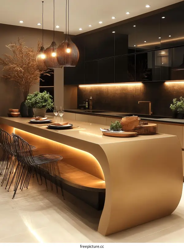 Modern Luxury Kitchen Island Design with Warm Lighting