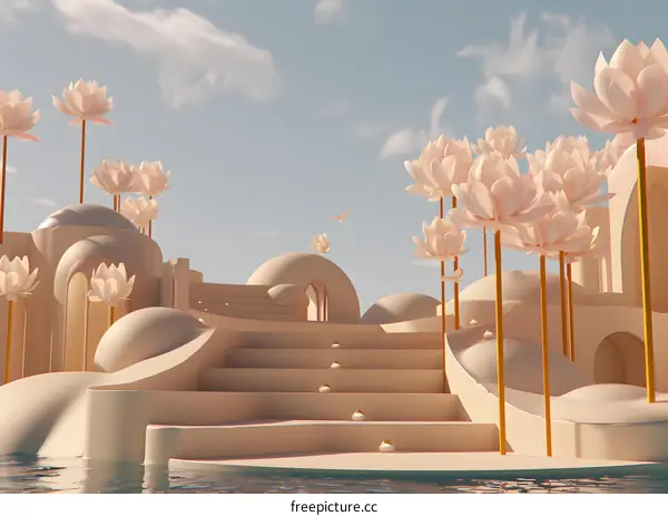 Dreamlike Surreal Landscape with White Flowers and Abstract Architecture