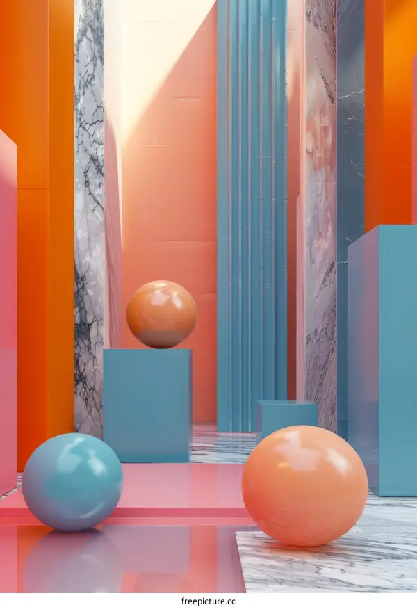 Colorful Abstract 3D Scene with Geometric Shapes and Spheres