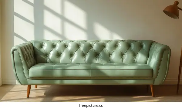 Elegant Light Green Leather Sofa in a Modern Living Room