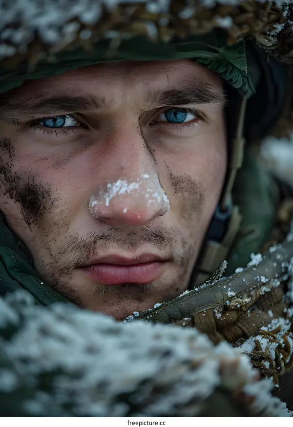 Portrait of a soldier with blue eyes and a dirty face