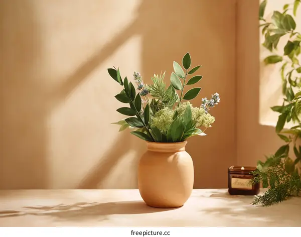 Beige Vase with Plants and Soft Lighting