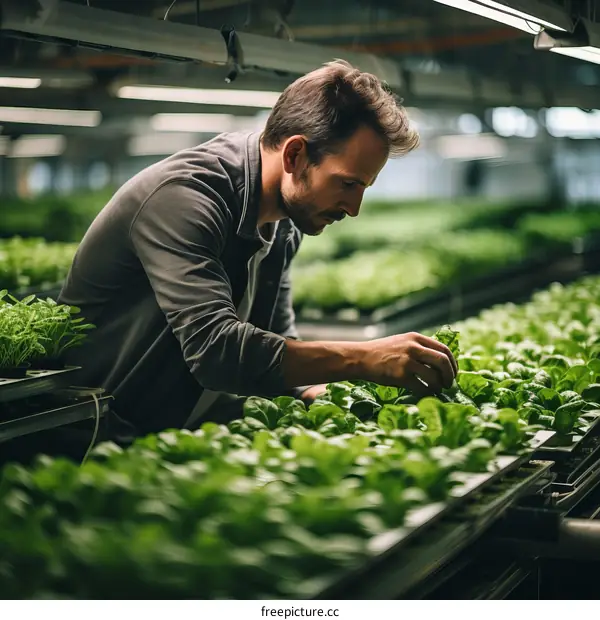 Male farmer checking the quality of lettuce in greenhouse
