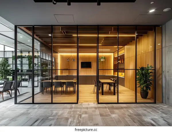 Office interior with glass walls and wooden furniture
