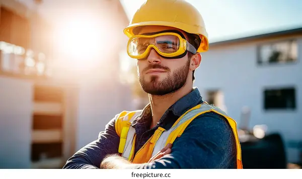 Construction Worker in Safety Gear on Construction Site