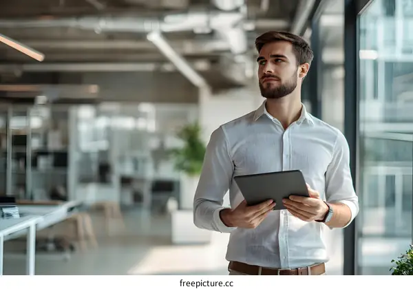 Young Man in White Shirt Using Tablet in Office