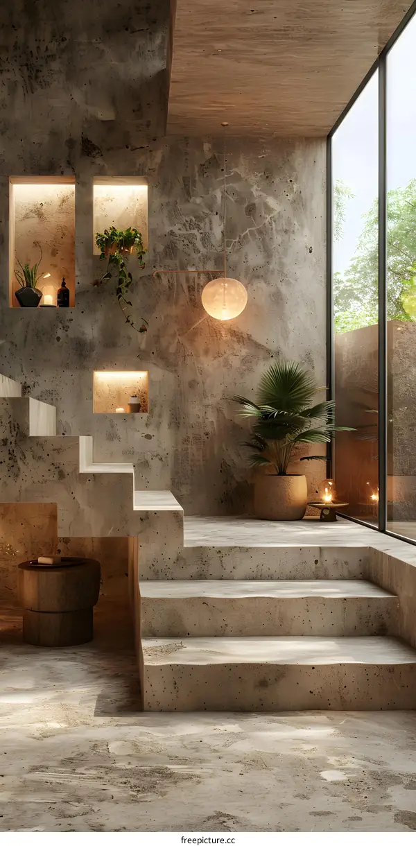 Staircase Design With Concrete Steps and Railing