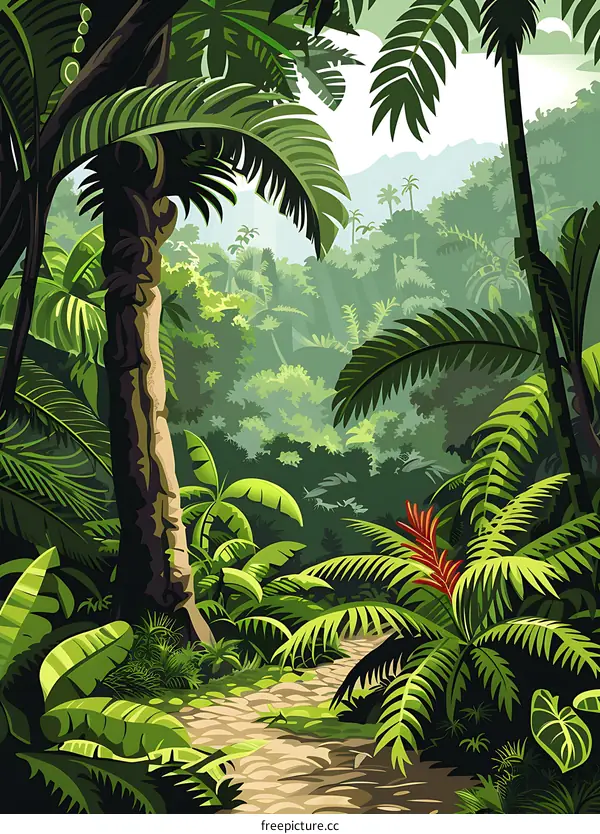 Jungle Path Illustration with Green Plants