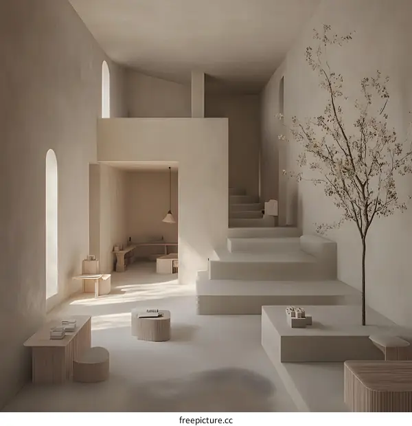 Minimalist Interior Design With Beige Walls and Wooden Furniture