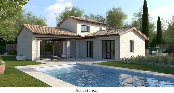 Modern Stone House with Swimming Pool and Green Landscaping