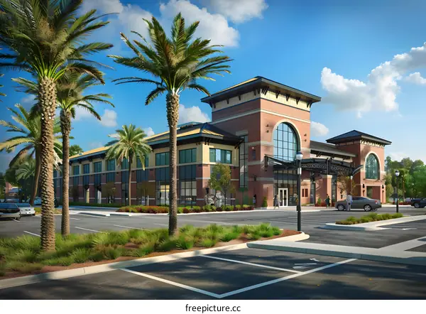 Modern Commercial Building with Palm Trees