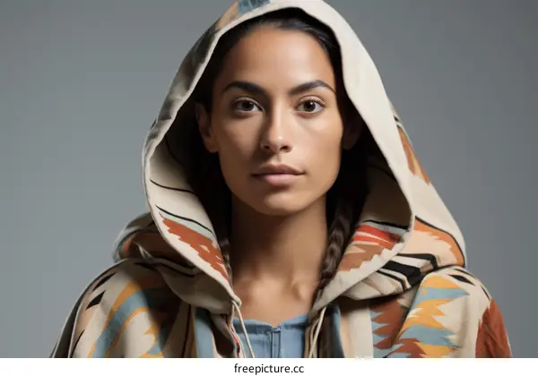 Portrait of a young woman wearing a colorful hoodie