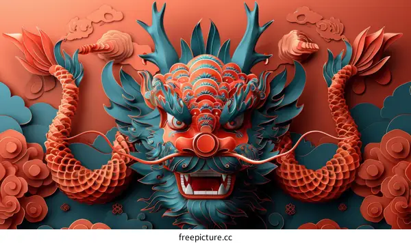 Red and Blue Dragons with Clouds