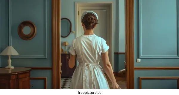 Vintage hotel maid in uniform walking away
