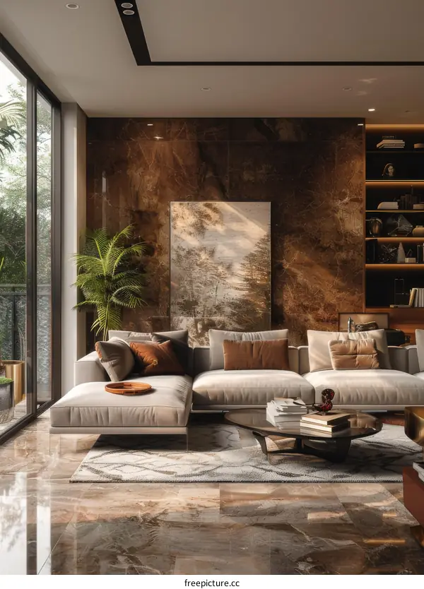 Modern Living Room with Palm Tree Decor