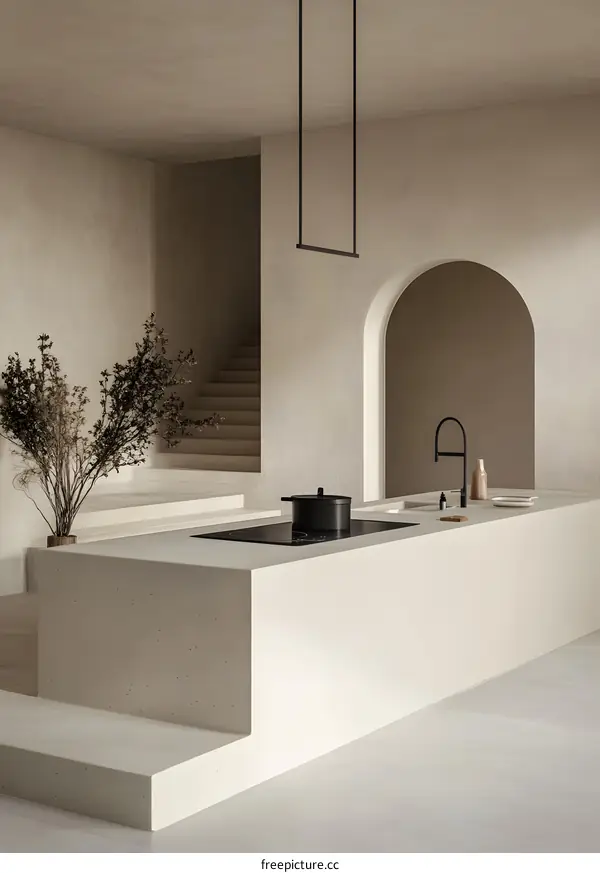 Minimalist Kitchen Island with Archway and Hanging Light