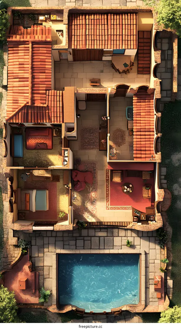 Top View Illustration of a Luxurious Mediterranean Home With a Pool