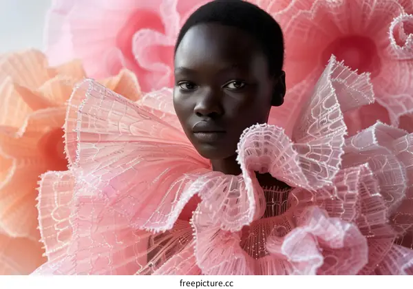 Black model Duckie Thot in pink ruffled dress