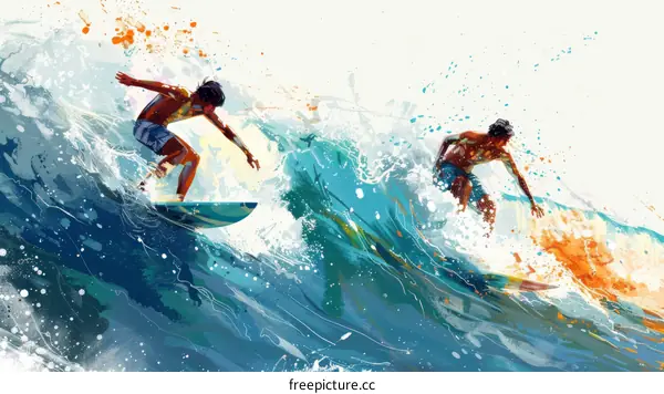 Two Men Surfing in the Ocean Catching a Big Wave