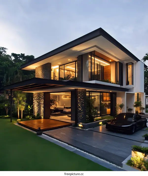 Modern House with Stone Facade and Black Car