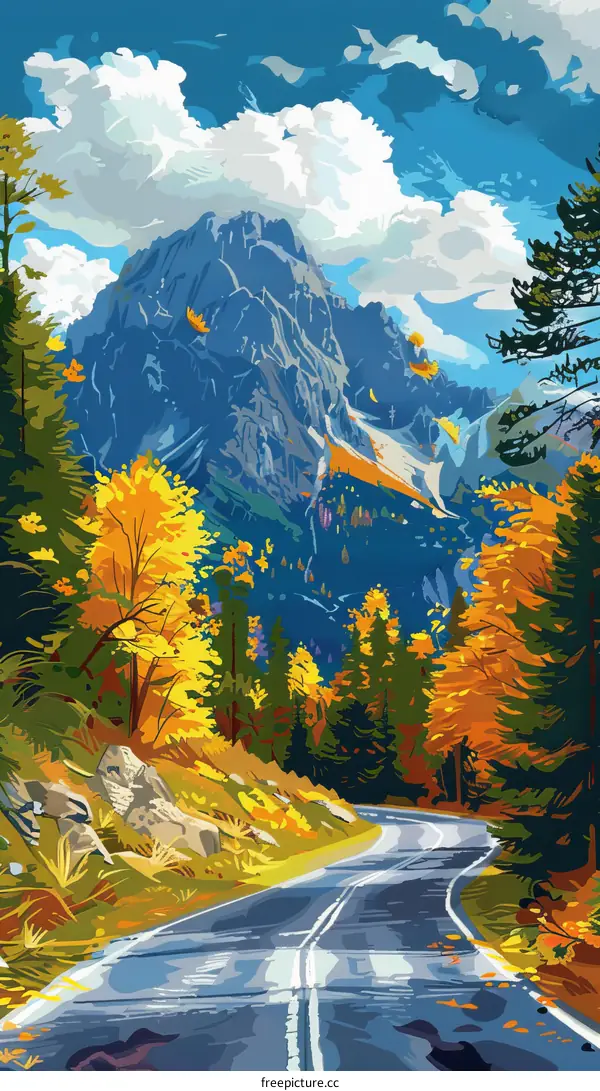 An illustration of a road through a valley in the mountains