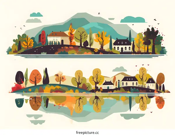 Autumn Landscape Illustration With Mountains, Houses and Trees