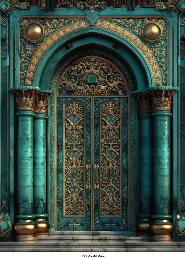 Ornate Golden Door with Green Marble Frame