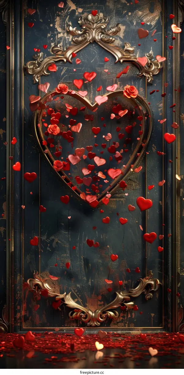 Romantic Heart Background With Golden Frame