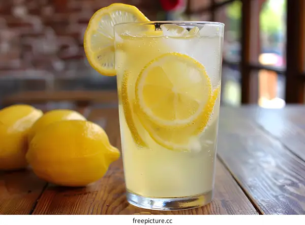 Glass of Lemonade with Lemon Slices and Ice