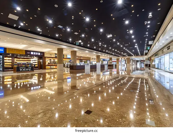Empty Mall Interior With Glossy Floor And Spotlights