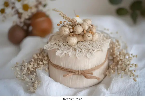 Closeup of a Handmade Box Wrapped in Fabric and Decorated with Dried Flowers