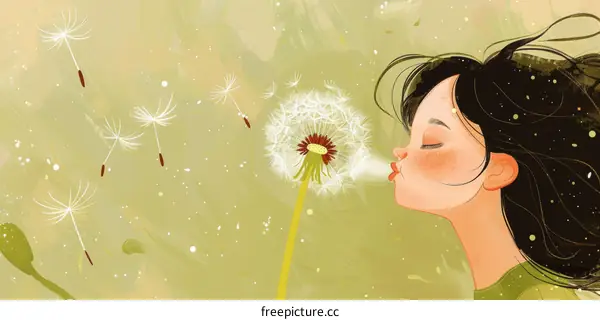 A Girl Blowing Dandelion Seeds in the Wind
